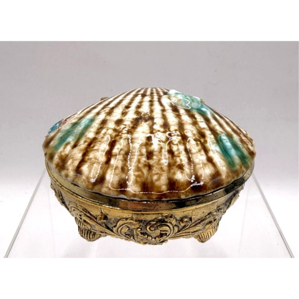 Vintage Japanese Ceramic Enameled & Brass Clam Shell Trinket Box